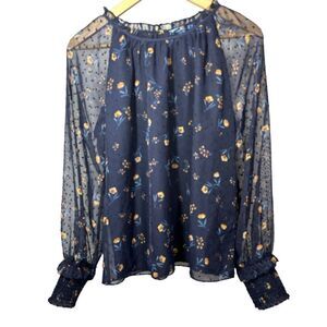 DRAPER JAMES  Women's Floral Swiss Dot Smocked Long Sleeve Blouse Blue Medium